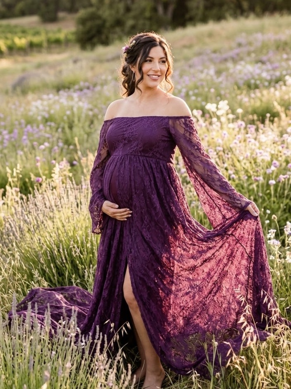 PinkBlush Purple Lace Off Shoulder Maternity Gown NWT Photo Shoot Dress